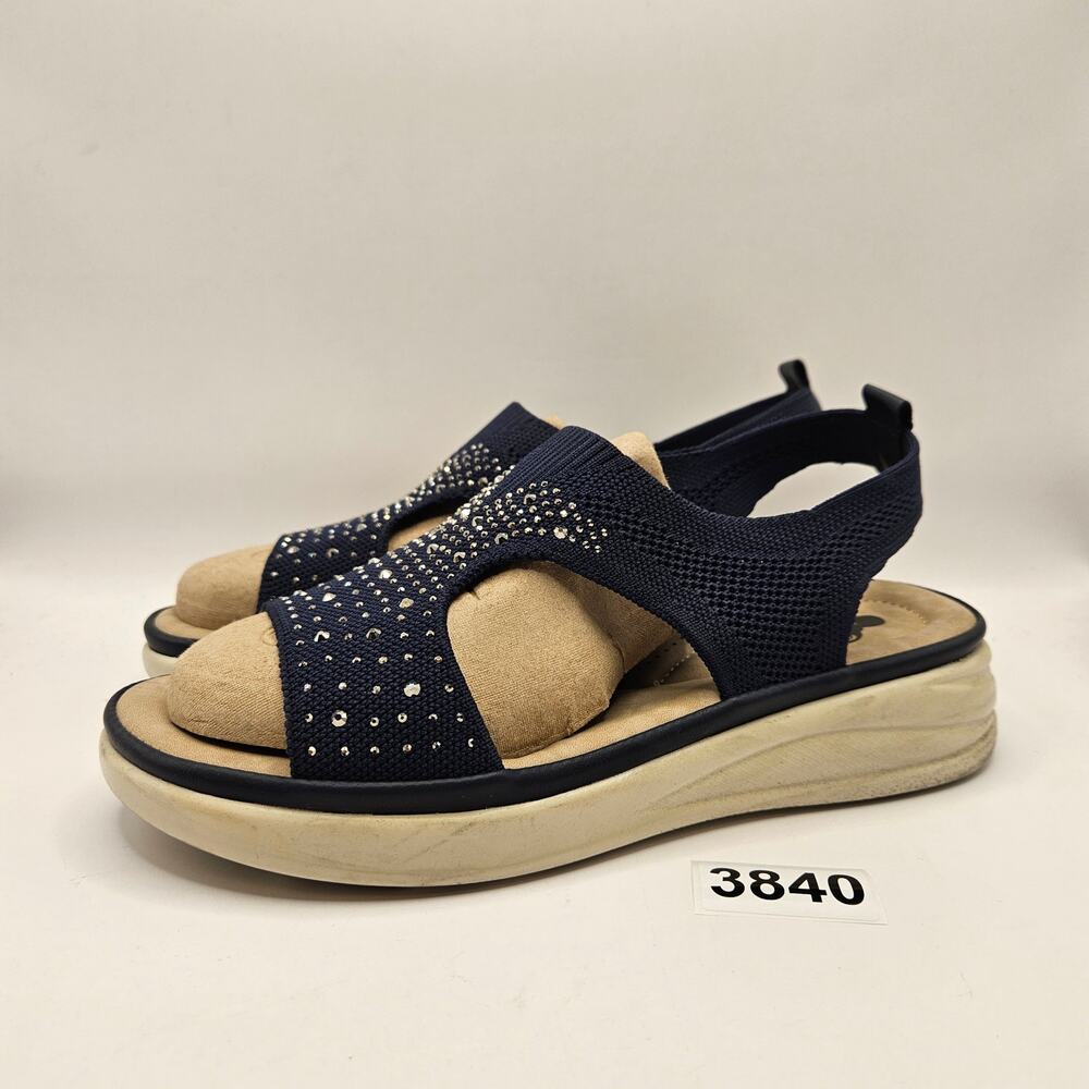 GC SHOES GOOD CHOICE WOMEN'S 6.5 STRETCH KNIT RHINESTONE SLINGBACK COMFORT NAVY